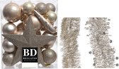 Kerstversiering kunststof kerstballen 5-6-8 cm met ster piek en folieslingers pakket champagne 35x stuks - Kerstboomversiering