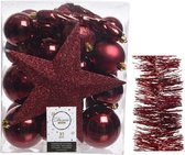 Kerstversiering kunststof kerstballen 5-6-8 cm met ster piek en folieslingers pakket donkerrood 35x stuks - Kerstboomversiering