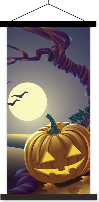 Posterhanger incl. Poster 90x180 cm - Schoolplaat - Twee pompoenen tijdens een Halloween avond in een illustratie - Textielposter - Zwarte latten