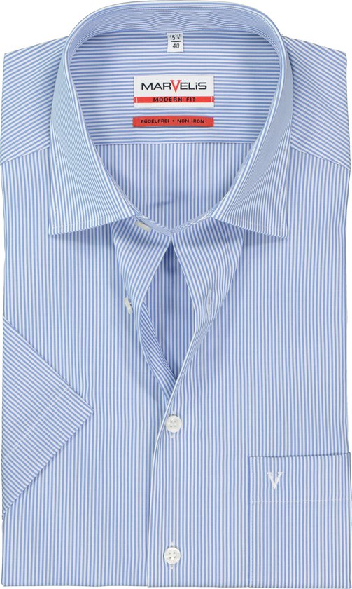 MARVELIS Modern Fit overhemd - korte mouw - blauw-wit gestreept - Strijkvrij - Boordmaat: