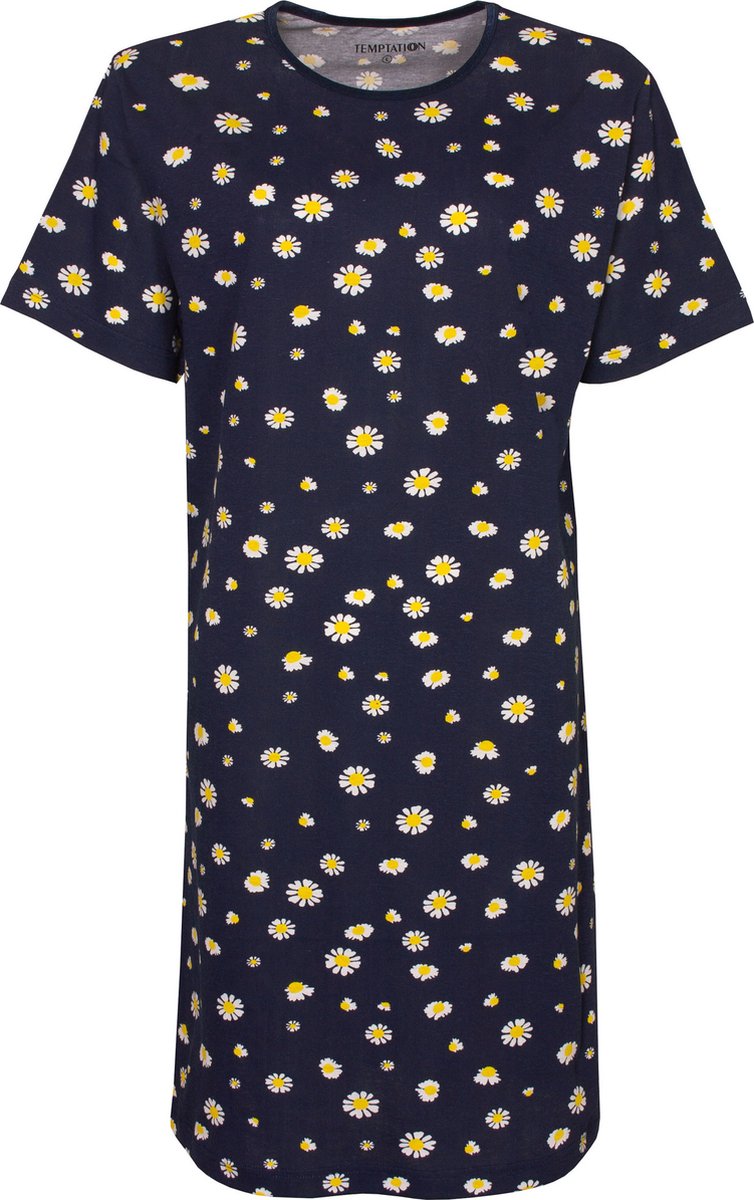 Temptation Dames Nachthemd - Bigshirt - Zonnebloemetjes - Donkerblauw Licht Blauw