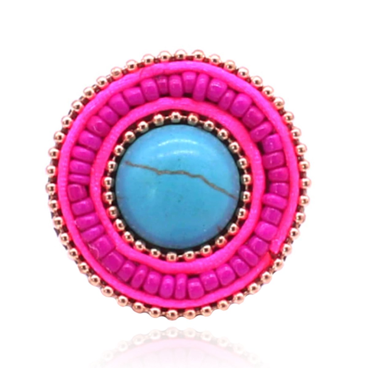 Handgemaakte verstelbare ring Boho roze blauw met leer en turkoois