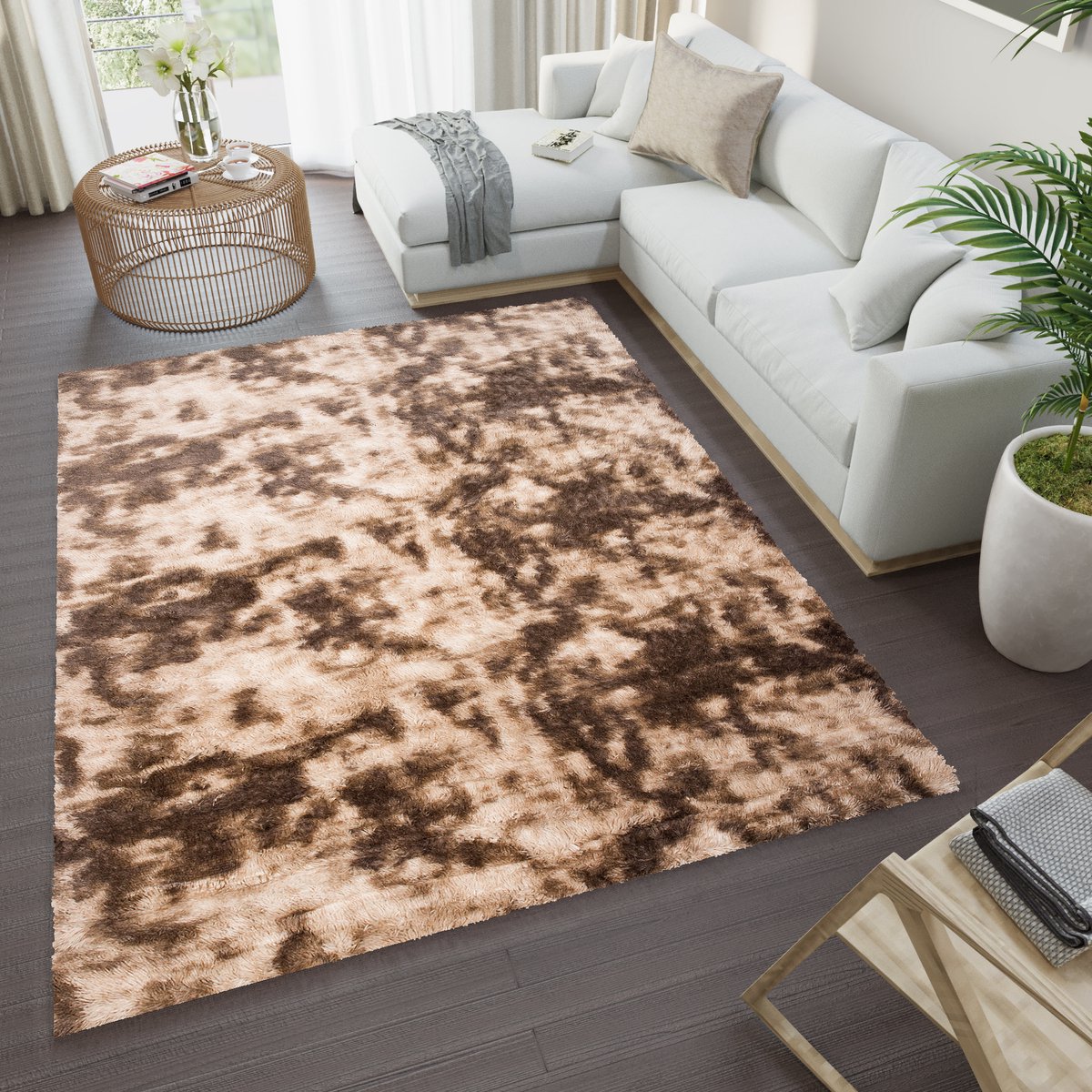 Tapiso Silk Dyed Vloerkleed Bruin Hoogpolig Antislip Modern Woonkamer Slaapkamer Tapijt Ma