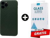 Backcase Carbon Hoesje iPhone 11 Pro Max Groen - Gratis Screen Protector - Telefoonhoesje - Smartphonehoesje
