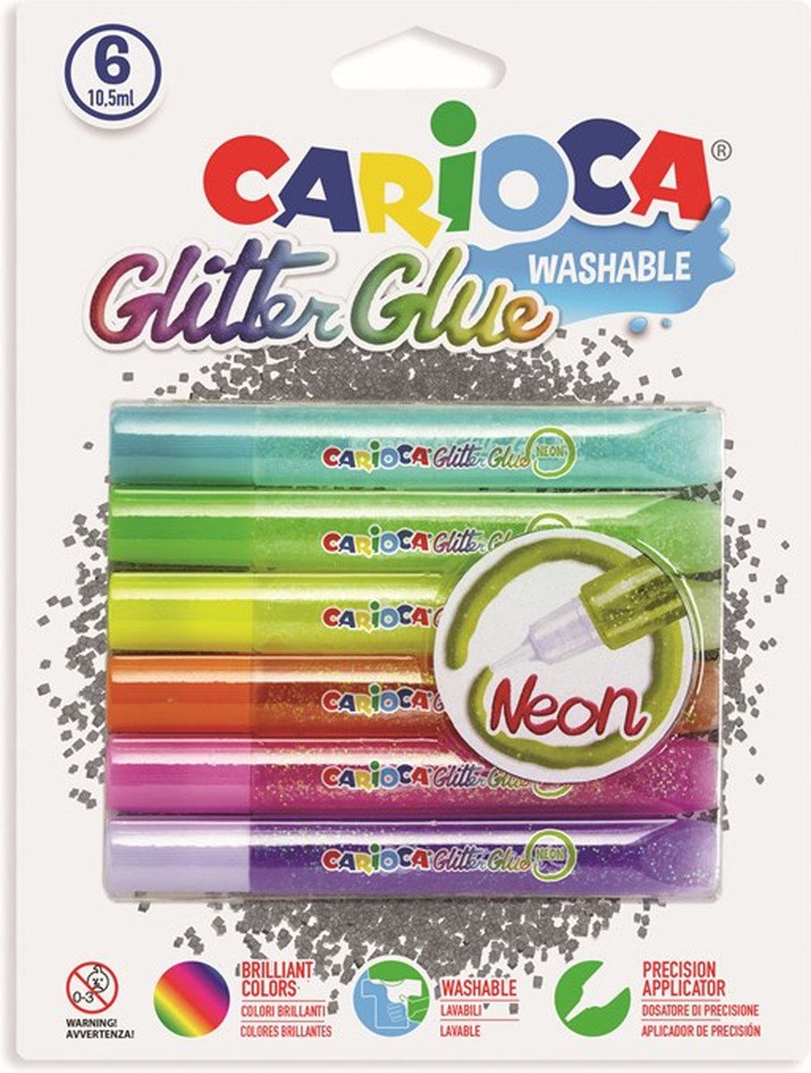 CARIOCA Glitter Glue Neon - 6 tubes glitterlijm - 6 x 10,5 ml - Fluo kleuren - Afwasbaar - Ideaal voor hout, dik papier, keramiek en glas - Droog in 5 uur - Knutselset voor kinderen