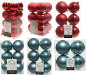 Kerstversiering kunststof kerstballen kleuren mix rood/ijsblauw 4-6-8 cm pakket van 68x stuks