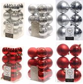 Kerstversiering kunststof kerstballen kleuren mix rood/zilver 4-6-8 cm pakket van 68x stuks