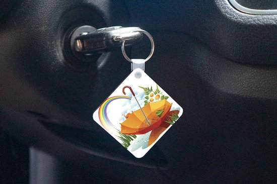 Porte-clés Rainbows illustration - Une illustration d'un parapluie orange sous un porte-clés arc-en-ciel en plastique - porte-clés carré avec photo