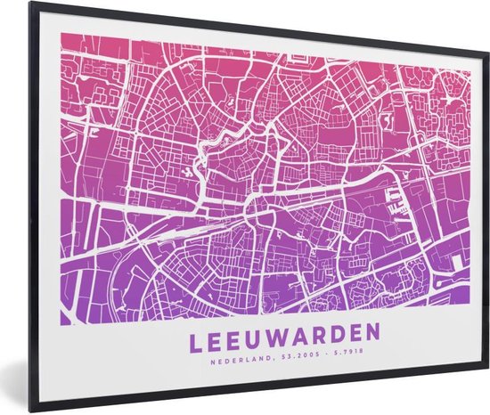 Fotolijst incl. Poster - Stadskaart - Leeuwarden - Nederland - Paars - 30x20 cm - Posterlijst - Plattegrond