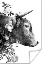 Poster Zijaanzicht schotse hooglander met bloemen - zwart wit - 20x30 cm