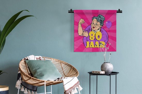 Wandkleed - Wanddoek - Verjaardag - Jubileum - Vrouw - 80 Jaar - 60x60 cm - Wandtapijt