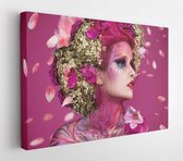 Onlinecanvas - Schilderij - Portret Jong Mooi Meisje Met Bloem Professionele Make-up.- Art Horizontaal Horizontal - Multicolor - 80 X 60 Cm