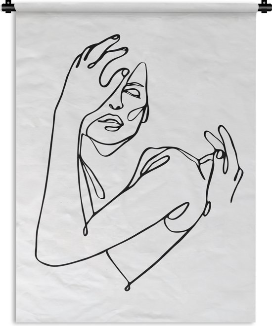 Tapisserie - Tissu mural - Dessin au trait abstrait d'une femme avec sa  main sur son... | bol.com