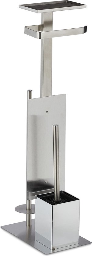 Zilverkleurige toiletrolhouder op standaard, met plankje en rechthoekige wc-borstelhouder.