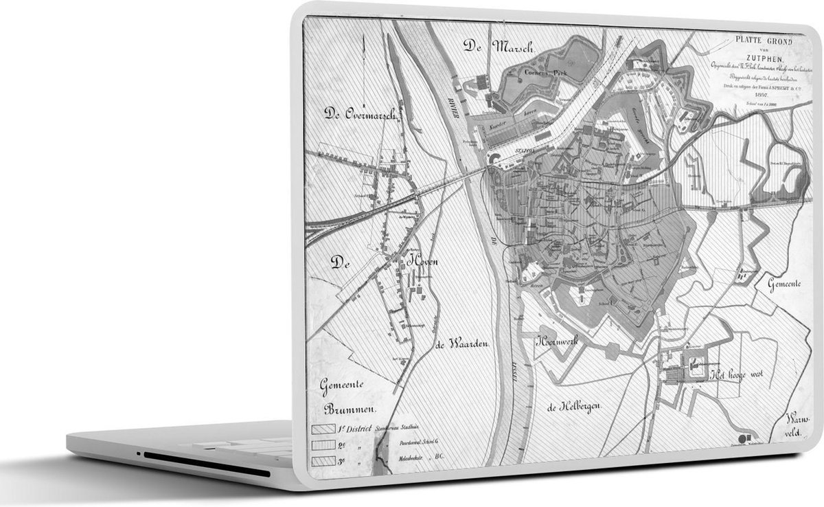 Laptop sticker - 13.3 inch - Historische plattegrond van de stad Zutphen - zwart wit - 31x22,5cm - Laptopstickers - Laptop skin - Cover