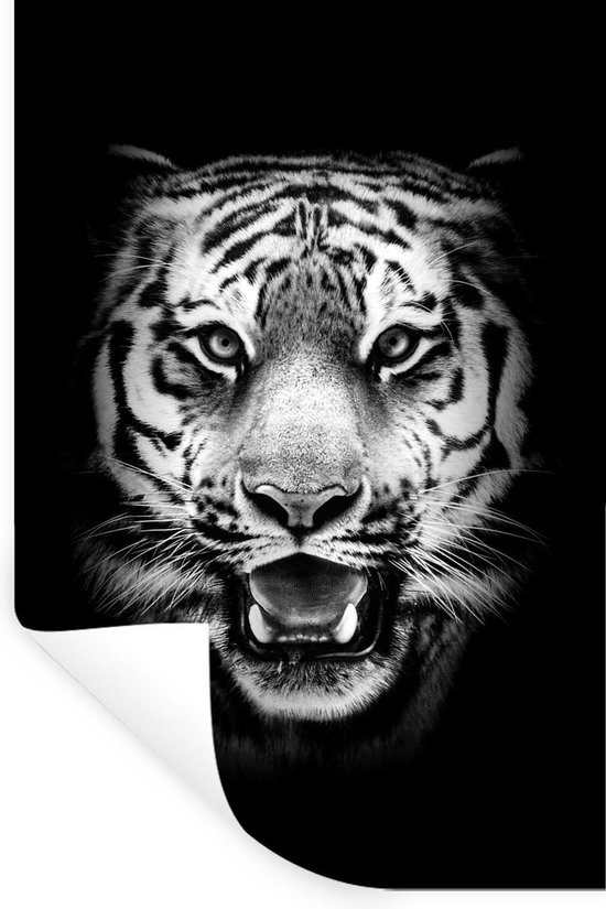 Muurstickers - Sticker Folie - Kop van een tijger tegen een zwarte achtergrond - zwart wit - 80x120 cm - Plakfolie - Muurstickers Kinderkamer - Zelfklevend Behang - Zelfklevend behangpapier - Stickerfolie