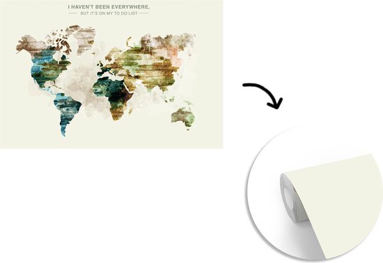 Papier peint photo en vinyle - Carte du monde aux anciennes couleurs pittoresques avec texte largeur 450 cm x hauteur 300 cm - Tirage photo sur papier peint (disponible en 7 tailles)