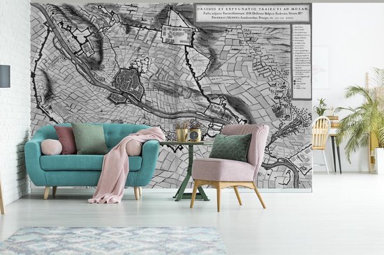 Papier peint photo en vinyle - Plan historique de la ville de Maastricht en noir et blanc - Plan d'étage largeur 525 cm x hauteur 350 cm - Tirage photo sur papier peint (disponible en 7 tailles)