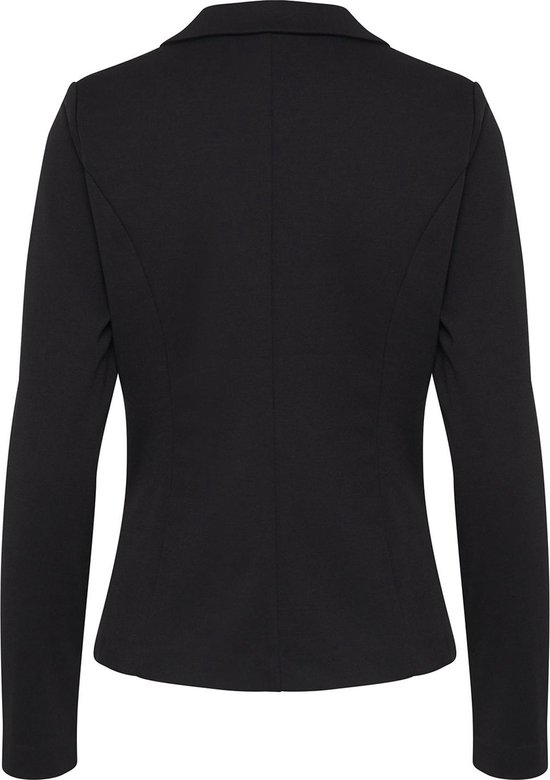 Achterkant van een zwarte getailleerde blazer met lange mouwen.