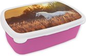 Broodtrommel Roze - Lunchbox Paard - Gras - Boom - Zon - Brooddoos 18x12x6 cm - Brood lunch box - Broodtrommels voor kinderen en volwassenen