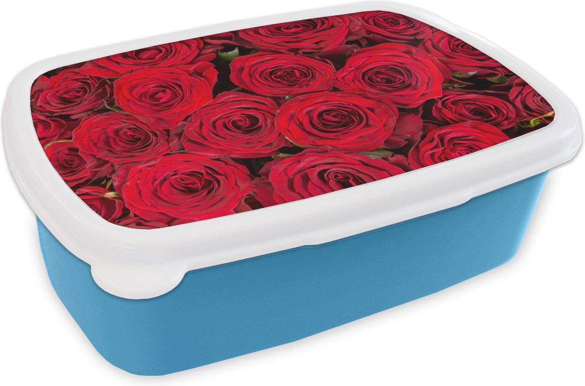 Broodtrommel Blauw - Lunchbox - Brooddoos - Rozen - Rood - Boeket - 18x12x6 cm - Kinderen - Jongen