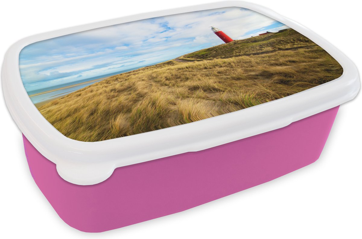 Broodtrommel Roze - Lunchbox - Brooddoos - Strand - Vuurtoren - Duin - 18x12x6 cm - Kinderen - Meisje