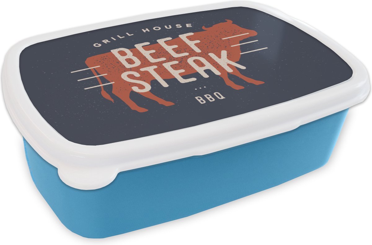 Broodtrommel Blauw - Lunchbox - Brooddoos - Mancave - Biefstuk - BBQ - 18x12x6 cm - Kinderen - Jongen