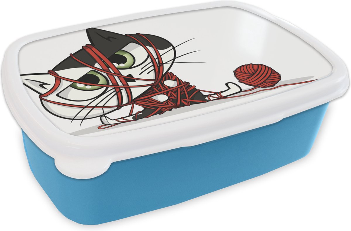 Broodtrommel Blauw - Lunchbox - Brooddoos - Kat - Wol - Rood - 18x12x6 cm - Kinderen - Jongen
