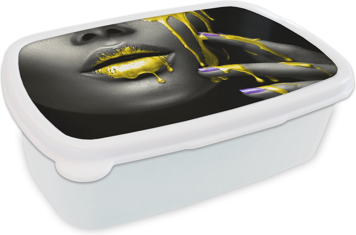 Broodtrommel Wit - Lunchbox - Brooddoos - Lippen - Geel - Zwart - 18x12x6 cm - Volwassenen