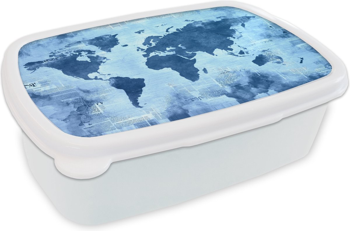 Broodtrommel Wit - Lunchbox - Brooddoos - Wereldkaart - Blauw - Krant - 18x12x6 cm - Volwassenen