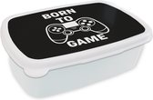 Broodtrommel Wit - Lunchbox Gamen - Quotes - Controller - Born to game - Zwart - Wit - Brooddoos 18x12x6 cm - Brood lunch box - Broodtrommels voor kinderen en volwassenen