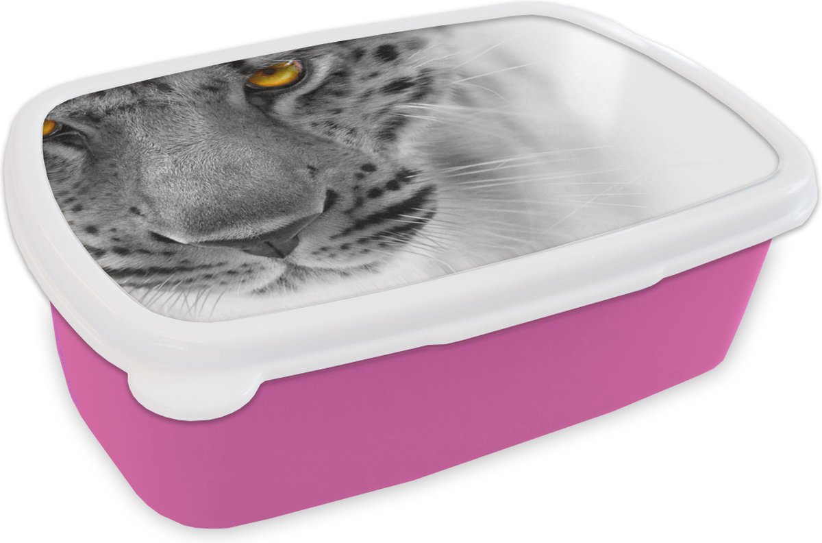 Broodtrommel Roze - Lunchbox - Brooddoos - Luipaard - Ogen - Geel - 18x12x6 cm - Kinderen - Meisje
