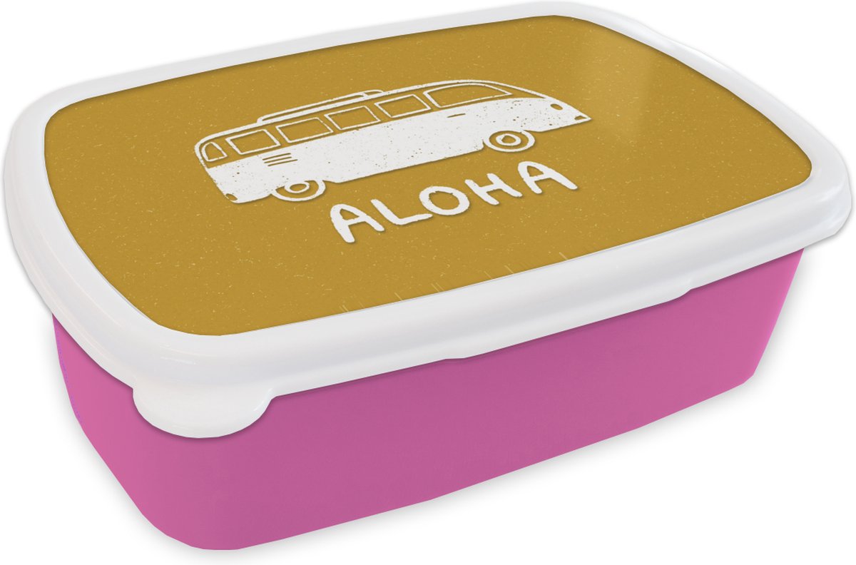 Broodtrommel Roze - Lunchbox - Brooddoos - Zomer - Bus - Quotes - 18x12x6 cm - Kinderen - Meisje