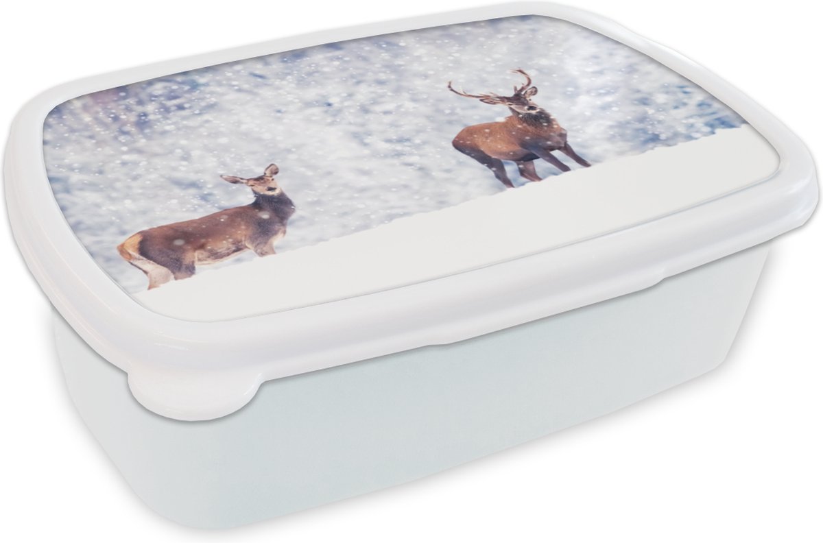 Broodtrommel Wit - Lunchbox - Brooddoos - Hert - Dieren - Sneeuw - 18x12x6 cm - Volwassenen