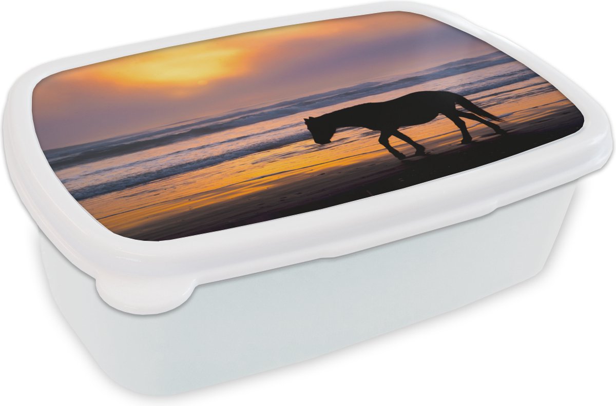 Broodtrommel Wit - Lunchbox - Brooddoos - Wild paard in de branding - 18x12x6 cm - Volwassenen