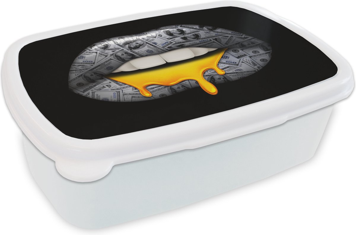Broodtrommel Wit - Lunchbox - Brooddoos - Lippen - Geld - Zwart Wit - 18x12x6 cm - Volwassenen