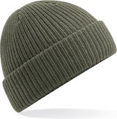 Heren Beanie Wintermuts olijf groen 100% acryl extra warm door extra fleece laag