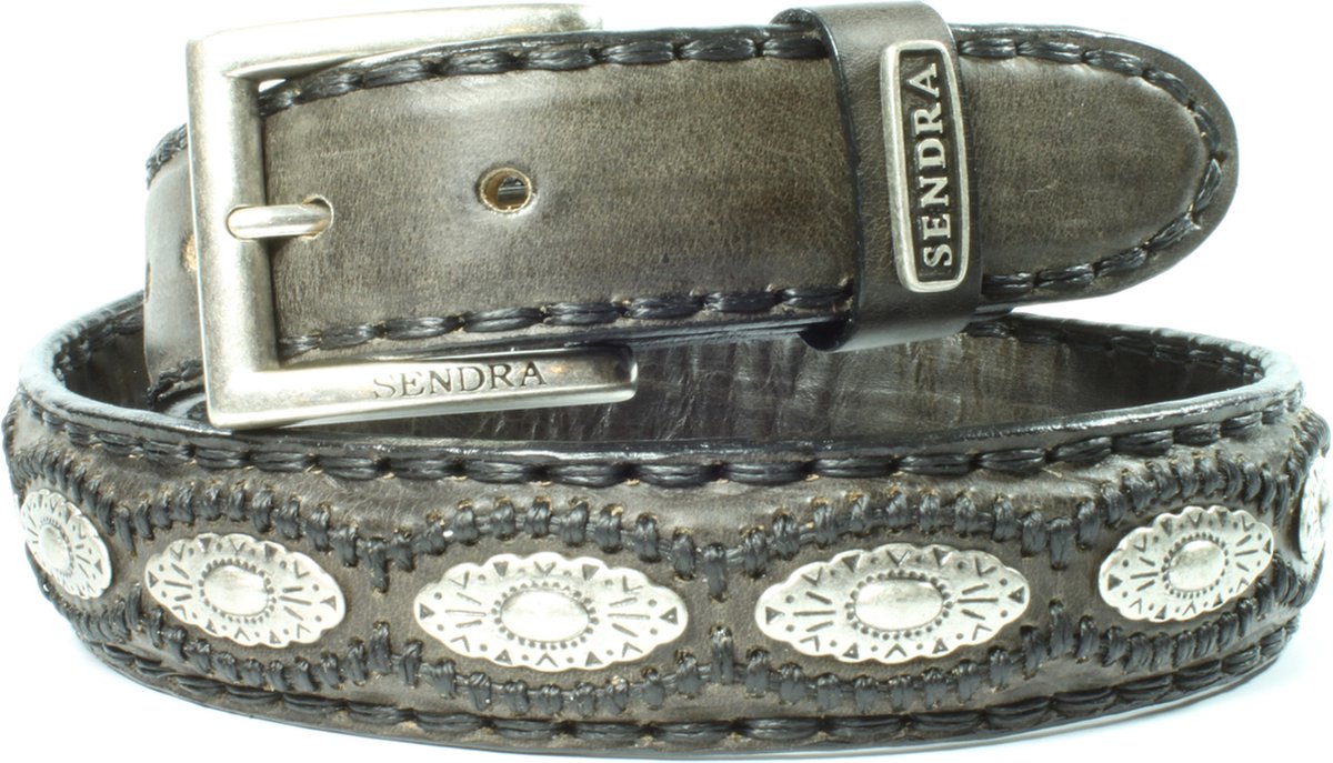 Sendra Boots Riem 7606 Antraciet Dames Heren Riem Handgemaakte Cowboy Western Ibiza Bohemian 4cm Brede Jeans Broekriem Zilverkleurige Concho's Verwisselbare Gesp Echt Leer Maat 095