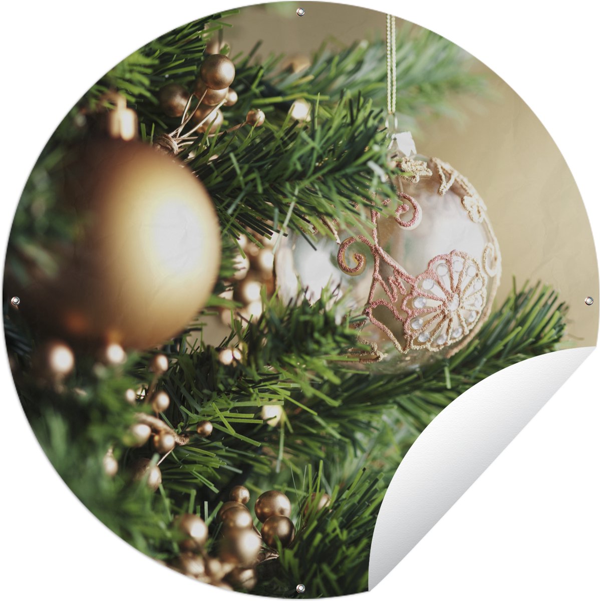 Tuincirkel Close up van kerst ornamenten in kerstboom - 60x60 cm - Ronde Tuinposter - Buiten
