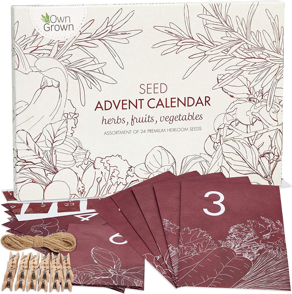 OwnGrown Seeds Advent Kalender 2022 Prachtige feestelijke Adventkalender met Kruidenzaden,Fruitzaden en Groentezaden - OwnGrown