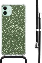 iPhone 11 hoesje met koord - Green dots | Apple iPhone 11 crossbody case | Zwart, Transparant | Gestipt
