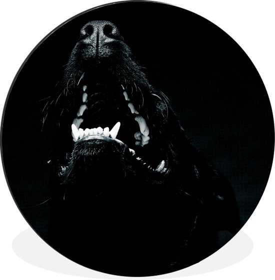 WallCircle - Wandcirkel - Muurcirkel - Dierenprofiel hond met open bek in zwart-wit - Aluminium - Dibond - ⌀ 60 cm - Binnen en Buiten