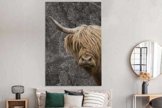 Décoration murale - Highlander écossais - Vaches - Carte du Wereldkaart - Peinture sur toile - 120x180 cm