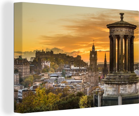 Canvas Schilderij Kasteel van Edinburgh met de stad Edinburgh op de achtergrond - 90x60 cm - Wanddecoratie