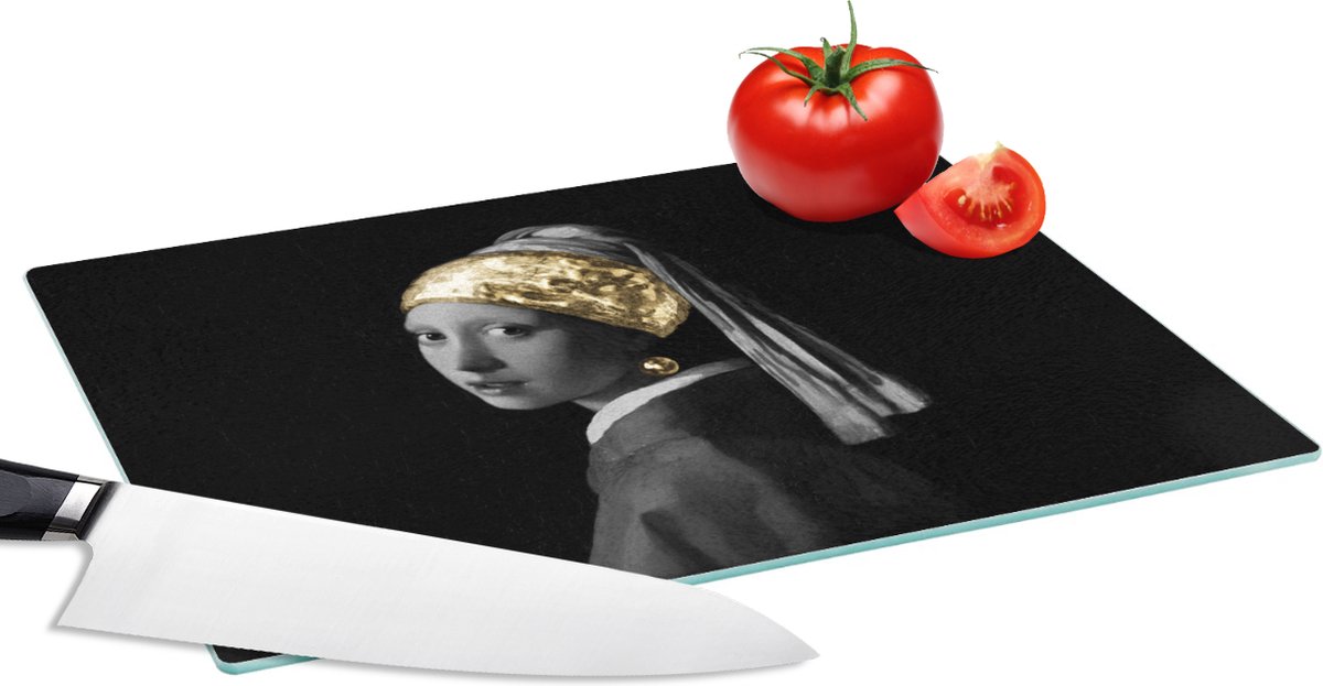 Glazen Snijplank - 28x20 - Meisje met de parel - Vermeer - Haarband - Goud - Snijplanken Glas