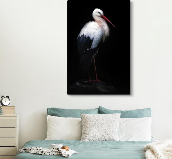 Canvas schilderij 120x180 cm - Wanddecoratie Portret ooievaar op zwarte achtergrond - Muurdecoratie woonkamer - Slaapkamer decoratie - Kamer accessoires - Schilderijen op canvas