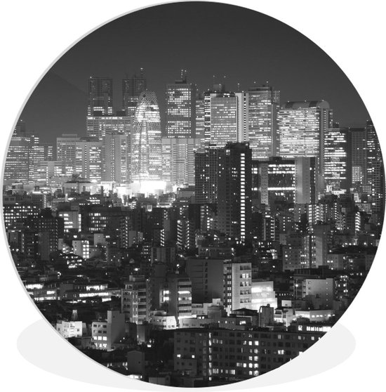 WallCircle - Wandcirkel ⌀ 90 - Wolkenkrabber - Zwart - Wit - Nacht - Ronde schilderijen woonkamer - Wandbord rond - Muurdecoratie cirkel - Kamer decoratie binnen - Wanddecoratie muurcirkel - Woonaccessoires