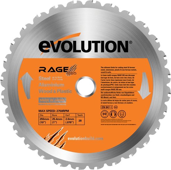 EVOLUTION - Evolution Rage multifunctioneel zaagblad 255 mm - 255 X 25.4 X  2.0 MM - 28 T | bol.com