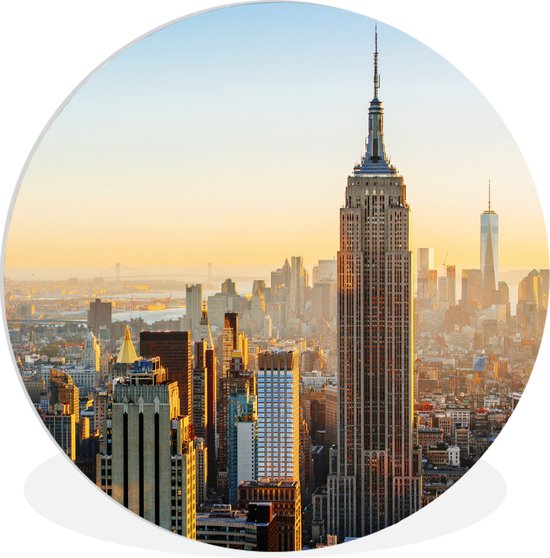 WallCircle - Wandcirkel ⌀ 30 - Zonsondergang skyline van New York met het Empire State Building - Ronde schilderijen woonkamer - Wandbord rond - Muurdecoratie cirkel - Kamer decoratie binnen - Wanddecoratie muurcirkel - Woonaccessoires