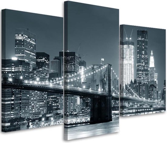 Trend24 - Canvas Schilderij - New York 'S Nachts - Drieluik - Steden - 60x40x2 cm - Zwart